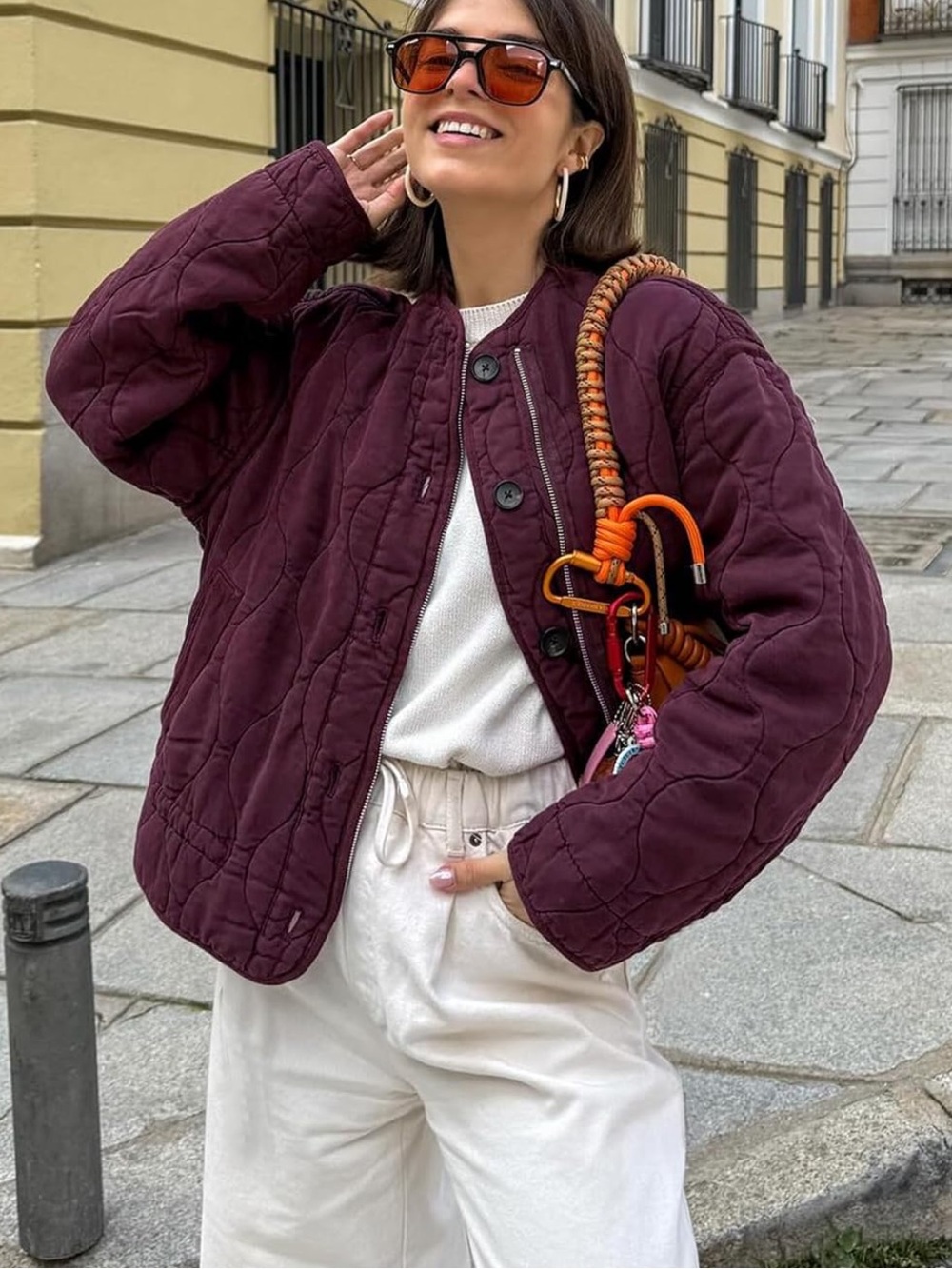 Chic Nation Quilted Bomber Jacket in Deep Wine
